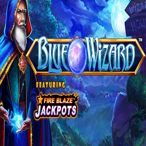 Blue Wizard Fire Blaze Jackpots slot logo by Rarestone Gaming at Prive Casino